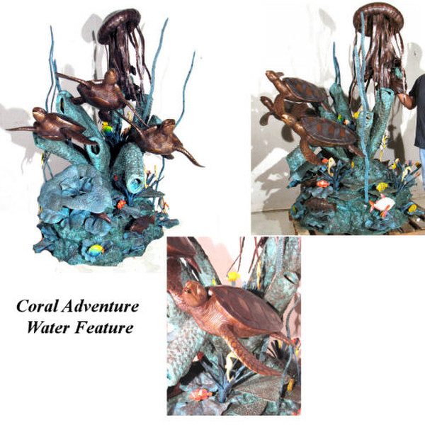 Life Size Bronze Fountain - 3 Sea Turtles and Jelly Fish Piped Statue